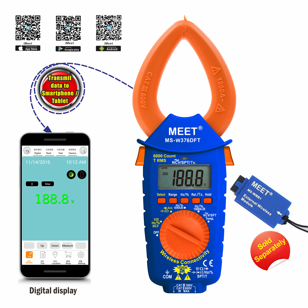 AC/DC Clamp Meter with Wireless Connectivity鉗錶(無線連接電腦及智能手機)數字鉗形表/鉗形表/鉗表/鉗型電流表/DC鉗錶/電流鉗錶/電流勾表/電流鉤表/鉤錶Clamp Meter with 6000 count/NCV/SPT/600A/1000A(AC / DC)current-MEET MS-W376DFT